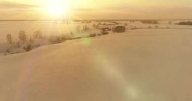 Soğuk kış kutup bölgesinin insansız hava görüntüsü, ufukta karla kaplı ağaçlar, buz nehri ve güneş ışınları. Aşırı düşük sıcaklık havası. Sibirya