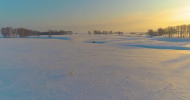 无人机俯瞰着寒冷的冬季风景北极田野 覆盖着霜雪 冰河和地平线上的太阳光的树木 极端低温天气 西伯利亚 — 图库视频影像
