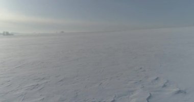 Soğuk kış kutup bölgesinin insansız hava görüntüsü, ufukta karla kaplı ağaçlar, buz nehri ve güneş ışınları. Aşırı düşük sıcaklık havası.