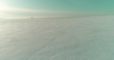 Soğuk kış kutup bölgesinin insansız hava görüntüsü, ufukta karla kaplı ağaçlar, buz nehri ve güneş ışınları. Aşırı düşük sıcaklık havası.