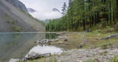 4K UHD dağ gölü zaman ayarlı yaz veya sonbahar saatlerinde. Vahşi doğa ve kırsal dağ vadisi. Çam ağaçlarından oluşan yeşil orman ve gökyüzünde hızlı bulutlar. Motorlu doli kaydırma hareketi