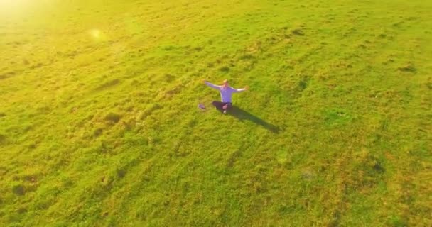 Luftaufnahme Niedriger Orbitalflug Den Auf Grünem Gras Sitzenden Menschen Mit — Stockvideo