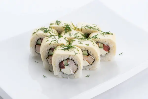 Set Sushi Composizione Sfondo Bianco Ristorante Giapponese Piatto Piatto Sushi Immagine Stock