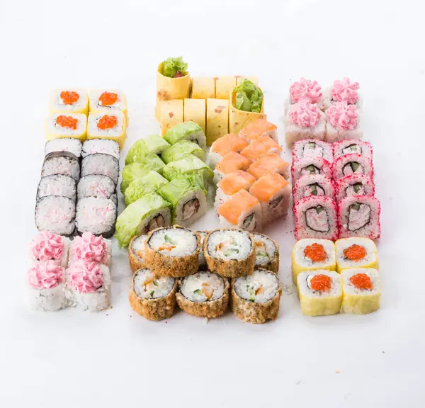 Set Sushi Composición Fondo Blanco Restaurante Comida Japonesa Plato Rollo Fotos de stock libres de derechos