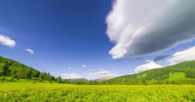 Yaz ya da sonbahar mevsiminde dağdaki çayır zaman atlaması. Vahşi doğa ve kırsal alan. Bulutların hareketi, yeşil çimenler ve güneş ışınları. Motorlu Panorama