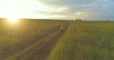 Sportif bir çocuğun havadan çekimi yaz yağmurunda bir buğday tarlasından geçer. Kırsal çayırlarda akşam sporu alıştırmaları. Mutlu bir çocukluk sağlıklı bir yaşam biçimidir. Açık havada koşma transferi. Radikal
