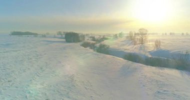 Soğuk kış kutup bölgesinin insansız hava görüntüsü, ufukta karla kaplı ağaçlar, buz nehri ve güneş ışınları. Aşırı düşük sıcaklık havası.