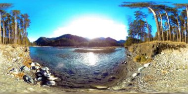 4K 360 VR güzel bir dağ sahnesinin sonbahar ya da yaz başında sanal gerçekliği. Vahşi dağlar, çam ormanı ve nehir akıntıları. Ulusal park, çayır ve güneş ışınları.