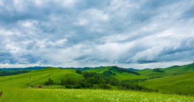 Yaz ya da sonbahar mevsiminde dağdaki çayır zaman atlaması. Vahşi doğa ve kırsal alan. Hızlı bulut hareketleri, yeşil çimenler ve güneş ışınları. Motorlu Panorama