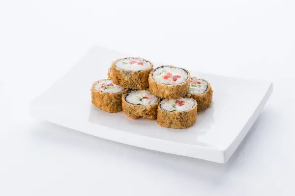 Set Sushi Composizione Sfondo Bianco Ristorante Giapponese Piatto Piatto Sushi Foto Stock