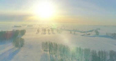 Soğuk kış kutup bölgesinin insansız hava görüntüsü, ufukta karla kaplı ağaçlar, buz nehri ve güneş ışınları. Aşırı düşük sıcaklık havası.