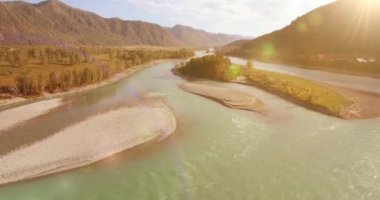 4K hava bakış açısı. Güneşli yaz sabahında, taze, hızlı dağ nehri üzerinde kayalıklarla alçak irtifa uçuşu. Yeşil çam ağaçları ve güneş ışınları. Saf soğuk su akıntısı.