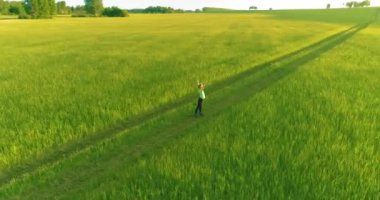 Yeşil buğday tarlasında elleri havada duran sportif çocuğun havadan çekimi. Kırsal çayırlarda akşam sporu alıştırmaları. Mutlu bir çocukluk sağlıklı bir yaşam biçimidir. Radyal panorama hareketi