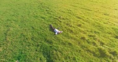 Havadan bakış açısı. Sarı kırsal alanda yeşil çimlerin üzerinde dizüstü bilgisayarı olan bir adam etrafında alçak yörüngeden uçuyordu. Sıradan giyinmiş. Güneş ışınları. Radikal hareket.