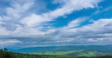 Dağ Gölü yaz ya da sonbahar zamanında zaman atlaması. Vahşi doğa ve kırsal alan. Hızlı bulutlar, yeşil çimenler ve dramatik gökyüzü. Motorlu doli kaydırma hareketi