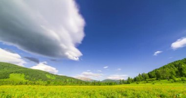 Yaz ya da sonbahar mevsiminde dağdaki çayır zaman atlaması. Vahşi doğa ve kırsal alan. Bulutların hareketi, yeşil çimenler ve güneş ışınları. Motorlu Panorama
