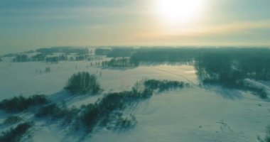Soğuk kış kutup bölgesinin insansız hava görüntüsü, ufukta karla kaplı ağaçlar, buz nehri ve güneş ışınları. Aşırı düşük sıcaklık havası.