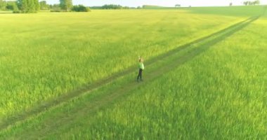 Yeşil buğday tarlasında elleri havada duran sportif çocuğun havadan çekimi. Kırsal çayırlarda akşam sporu alıştırmaları. Mutlu bir çocukluk sağlıklı bir yaşam biçimidir. Radyal panorama hareketi