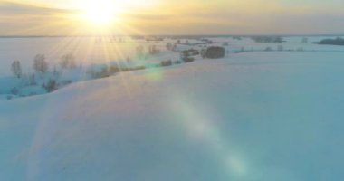 Soğuk kış kutup bölgesinin insansız hava görüntüsü, ufukta karla kaplı ağaçlar, buz nehri ve güneş ışınları. Aşırı düşük sıcaklık havası. Sibirya