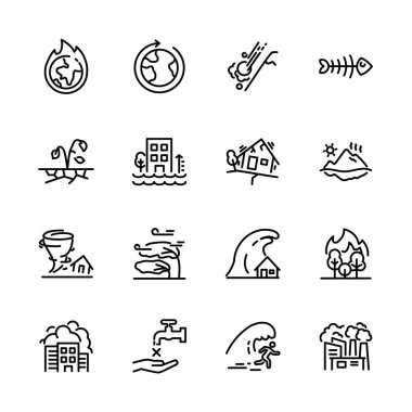 İklim değişikliği ikonları, küresel ısınma etkisi, deprem, sel, aşırı sıcaklık, buz erimesi. vektör illüstrasyonu