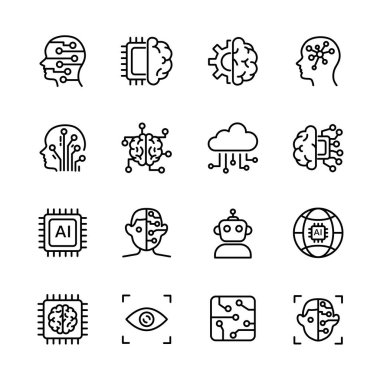 Yapay zeka çizgisi simgeleri ayarlandı. vektör illüstrasyonu.