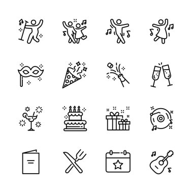 Noel, yeni yıl, mutlu kutlamalar, müzik, hediye, havai fişek, konfeti, yemek ve şarap gibi parti ikonları seti. izole vektör illüstrasyonu