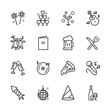 Noel, yeni yıl, mutlu kutlamalar, müzik, hediye, havai fişek, konfeti, yemek ve şarap gibi parti ikonları seti. izole vektör illüstrasyonu