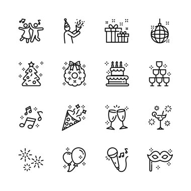 Noel, yeni yıl, mutlu kutlamalar, müzik, hediye, havai fişek, konfeti, yemek ve şarap gibi parti ikonları seti. izole vektör illüstrasyonu