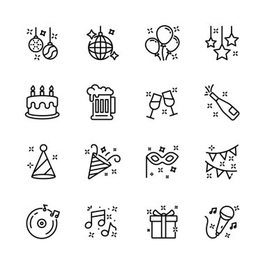 Noel, yeni yıl, mutlu kutlamalar, müzik, hediye, havai fişek, konfeti, yemek ve şarap gibi parti ikonları seti. izole vektör illüstrasyonu