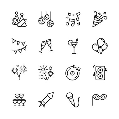Noel, yeni yıl, mutlu kutlamalar, müzik, hediye, havai fişek, konfeti, yemek ve şarap gibi parti ikonları seti. izole vektör illüstrasyonu