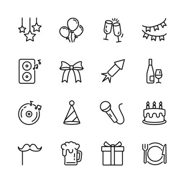 Noel, yeni yıl, mutlu kutlamalar, müzik, hediye, havai fişek, konfeti, yemek ve şarap gibi parti ikonları seti. izole vektör illüstrasyonu