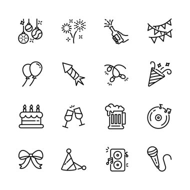 Noel, yeni yıl, mutlu kutlamalar, müzik, hediye, havai fişek, konfeti, yemek ve şarap gibi parti ikonları seti. izole vektör illüstrasyonu