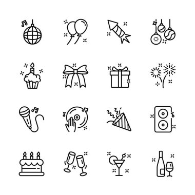 Noel, yeni yıl, mutlu kutlamalar, müzik, hediye, havai fişek, konfeti, yemek ve şarap gibi parti ikonları seti. izole vektör illüstrasyonu