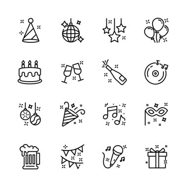 Noel, yeni yıl, mutlu kutlamalar, müzik, hediye, havai fişek, konfeti, yemek ve şarap gibi parti ikonları seti. izole vektör illüstrasyonu