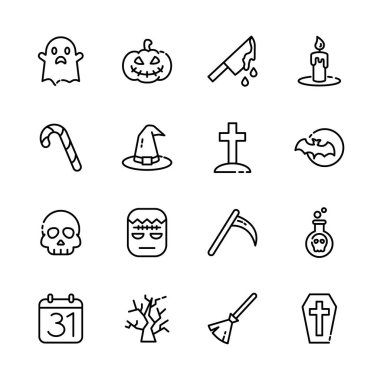 Cadılar Bayramı etkinlik simgeleri seti, korku işareti, balkabağı, hayalet, kafatası, şeker ya da şaka. vektör illüstrasyonu