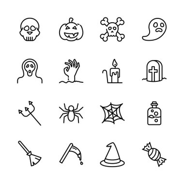 Cadılar Bayramı etkinlik simgeleri seti, korku işareti, balkabağı, hayalet, kafatası, şeker ya da şaka. vektör illüstrasyonu
