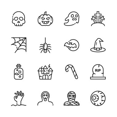 Cadılar Bayramı etkinlik simgeleri seti, korku işareti, balkabağı, hayalet, kafatası, şeker ya da şaka. vektör illüstrasyonu