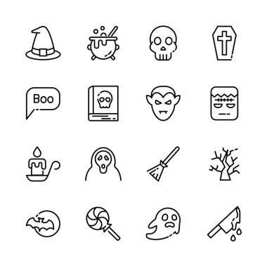 Cadılar Bayramı etkinlik simgeleri seti, korku işareti, balkabağı, hayalet, kafatası, şeker ya da şaka. vektör illüstrasyonu
