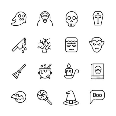 Cadılar Bayramı etkinlik simgeleri seti, korku işareti, balkabağı, hayalet, kafatası, şeker ya da şaka. vektör illüstrasyonu