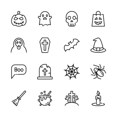Cadılar Bayramı etkinlik simgeleri seti, korku işareti, balkabağı, hayalet, kafatası, şeker ya da şaka. vektör illüstrasyonu