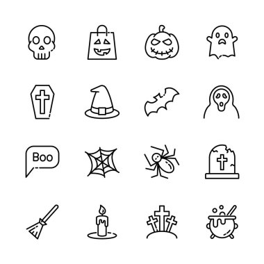 Cadılar Bayramı etkinlik simgeleri seti, korku işareti, balkabağı, hayalet, kafatası, şeker ya da şaka. vektör illüstrasyonu