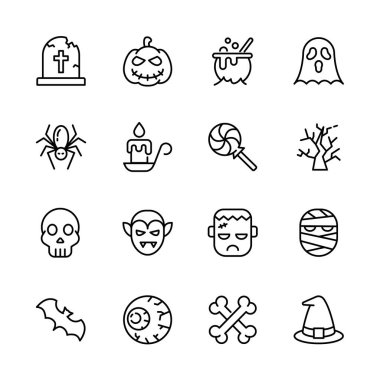 Cadılar Bayramı etkinlik simgeleri seti, korku işareti, balkabağı, hayalet, kafatası, şeker ya da şaka. vektör illüstrasyonu