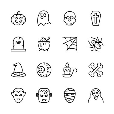 Cadılar Bayramı etkinlik simgeleri seti, korku işareti, balkabağı, hayalet, kafatası, şeker ya da şaka. vektör illüstrasyonu