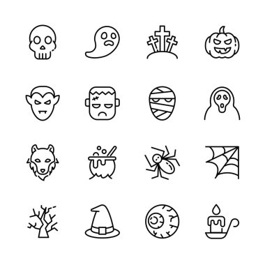 Cadılar Bayramı etkinlik simgeleri seti, korku işareti, balkabağı, hayalet, kafatası, şeker ya da şaka. vektör illüstrasyonu