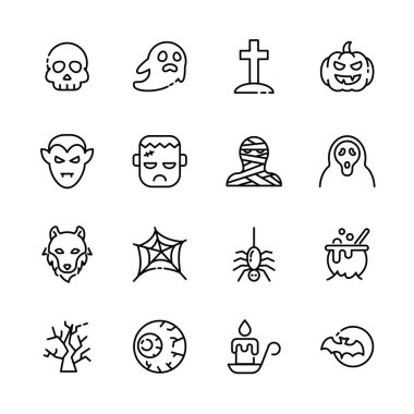 Cadılar Bayramı etkinlik simgeleri seti, korku işareti, balkabağı, hayalet, kafatası, şeker ya da şaka. vektör illüstrasyonu