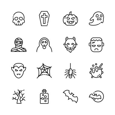 Cadılar Bayramı etkinlik simgeleri seti, korku işareti, balkabağı, hayalet, kafatası, şeker ya da şaka. vektör illüstrasyonu