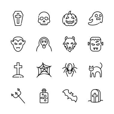 Cadılar Bayramı etkinlik simgeleri seti, korku işareti, balkabağı, hayalet, kafatası, şeker ya da şaka. vektör illüstrasyonu