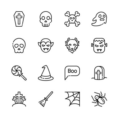 Cadılar Bayramı etkinlik simgeleri seti, korku işareti, balkabağı, hayalet, kafatası, şeker ya da şaka. vektör illüstrasyonu