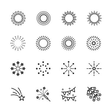 Havai fişek ikonları hazır. Parti, doğum günü, şenlik için. Beyaz üzerine izole edilmiş. vektör illüstrasyonu