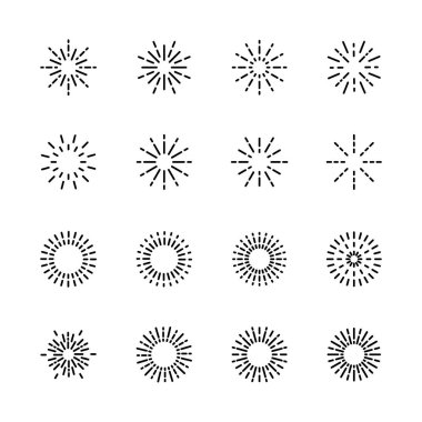 Havai fişek ikonları hazır. Parti, doğum günü, şenlik için. Beyaz üzerine izole edilmiş. vektör illüstrasyonu